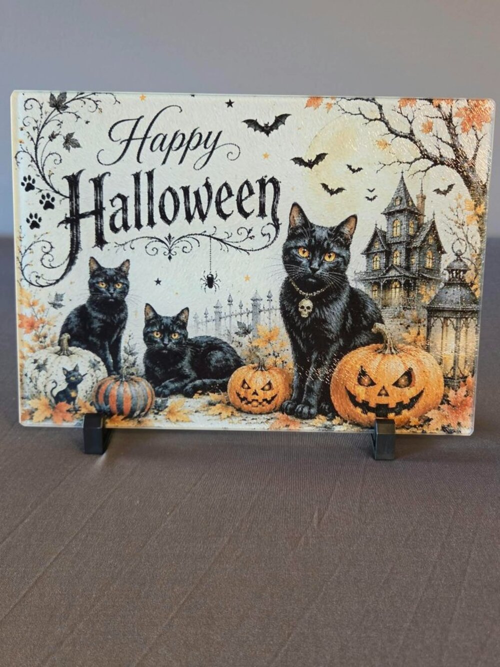 Black Cat Halloween Glass Cutting Board 8x11 Haunted House